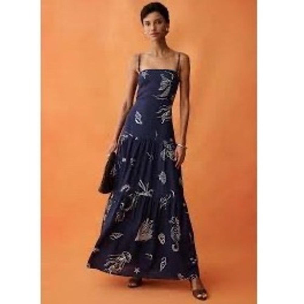 CAARA Anaya Navy Blue Sea Creature Print Linen Blend Tiered Maxi Dress Size 2